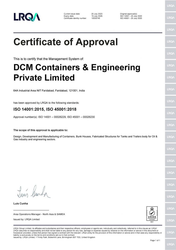 Certificate for ISO 14001:2015 & 45001:2018 for environmental management system